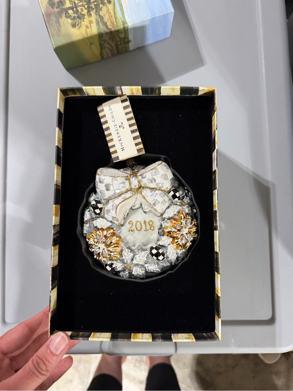 MacKenzie-Childs White, Gold and Black 2018 Decorative Holiday Ornament with Bow
